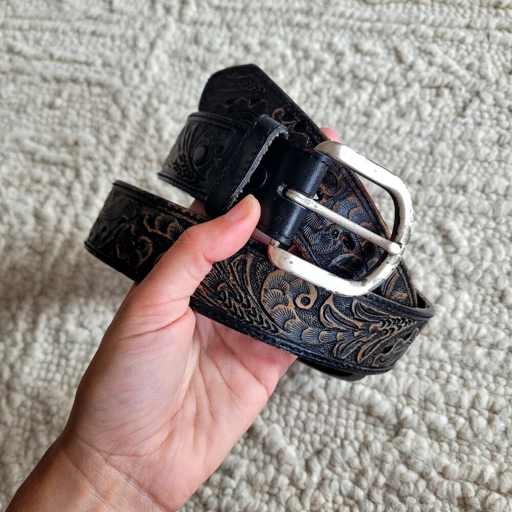Hand Tooled Leather Belt Black Florarl Nocona Sz L